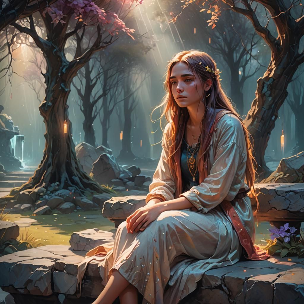 Heartbroken Girl in Enchanted Forest with Ethereal Vision