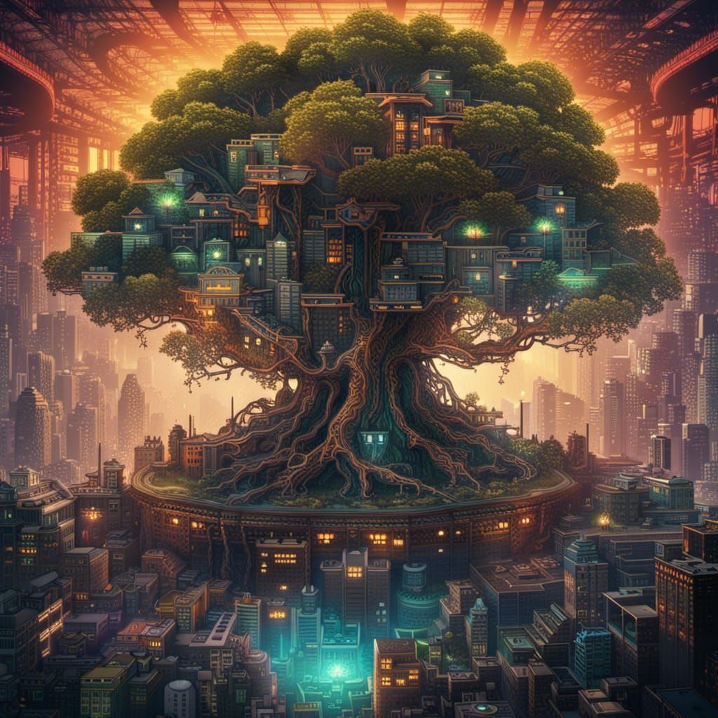 Cyberpunk Tree of Life with Cities: Digital Masterpiece