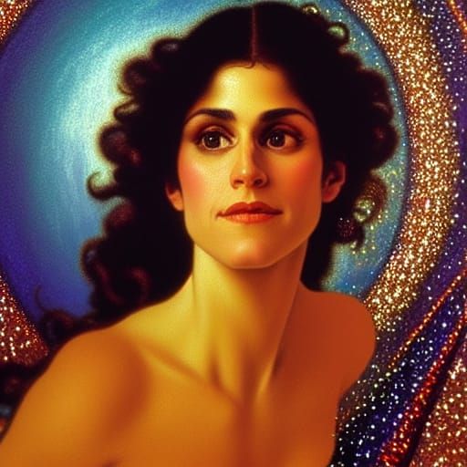 Young Woman with Black Hair in Art Nouveau Oil Painting