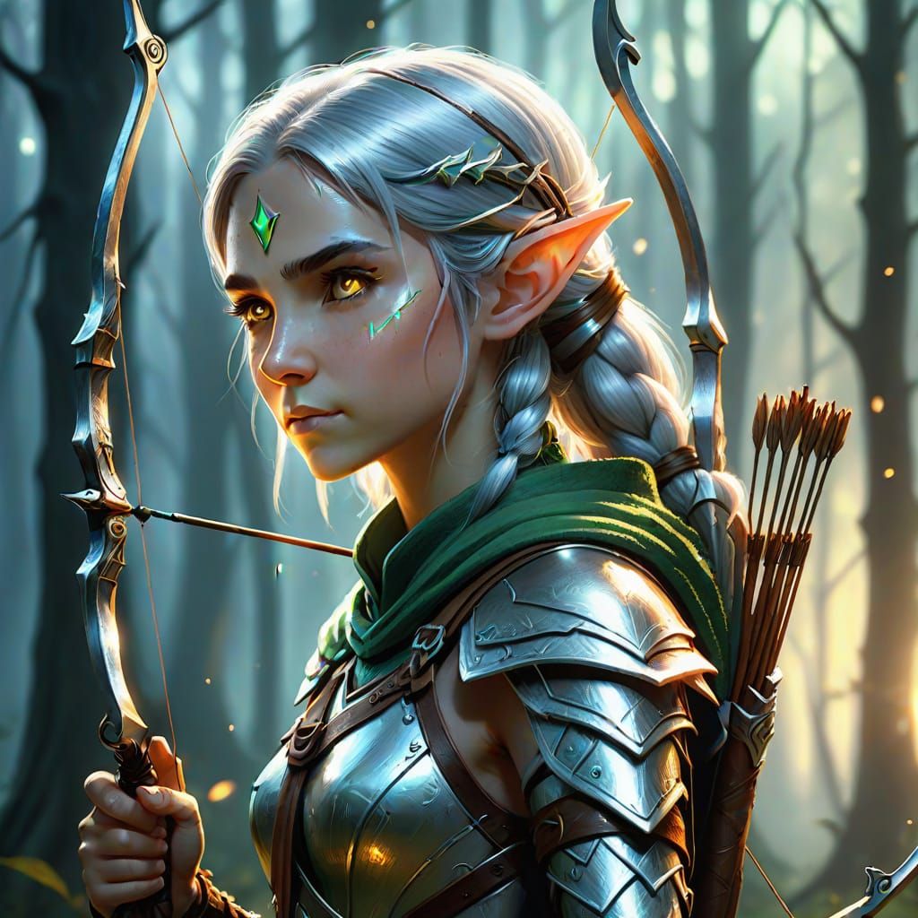 Female Elf Archer in Misty Forest: Digital Art