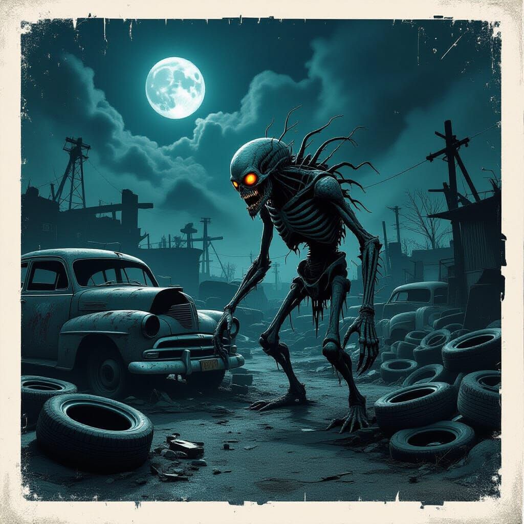 Eerie Junkyard Cryptid in Analog Horror VHS Style