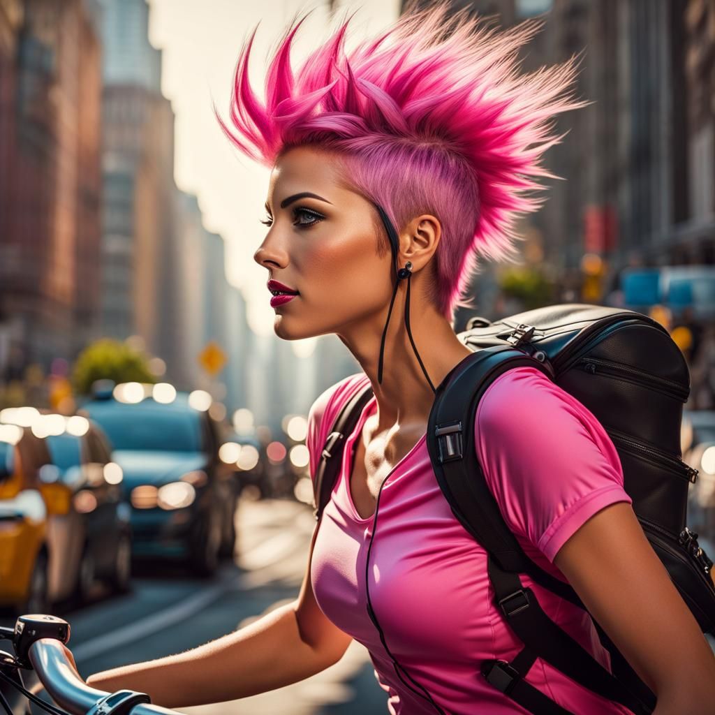 Woman Courier in Traffic, Detailed Digital Art