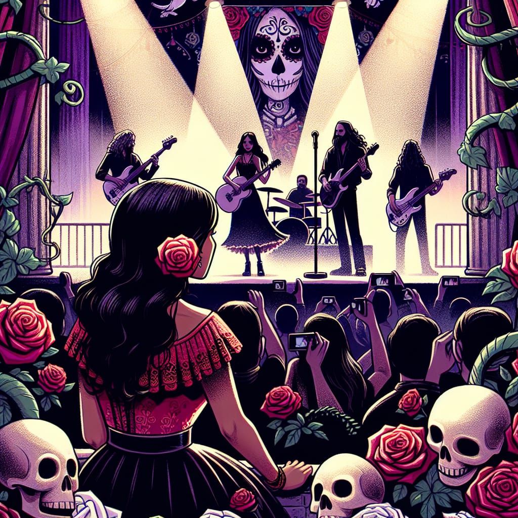 Woman standing by the side of the stage watching a rock band perform, gothic, skulls, roses, ivy, Emilie Autumn
