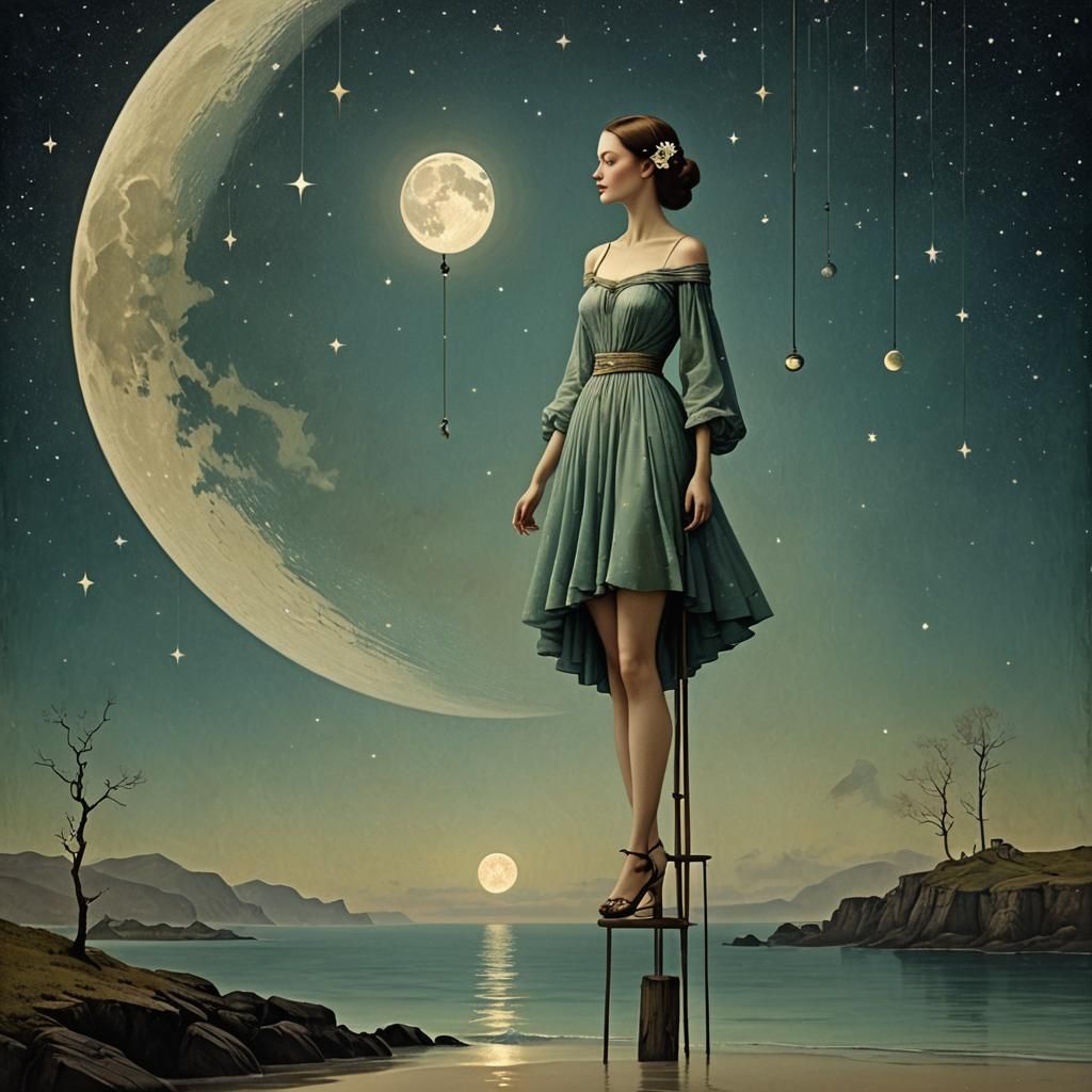 Surreal Woman on Stilts Under Bioluminescent Moon
