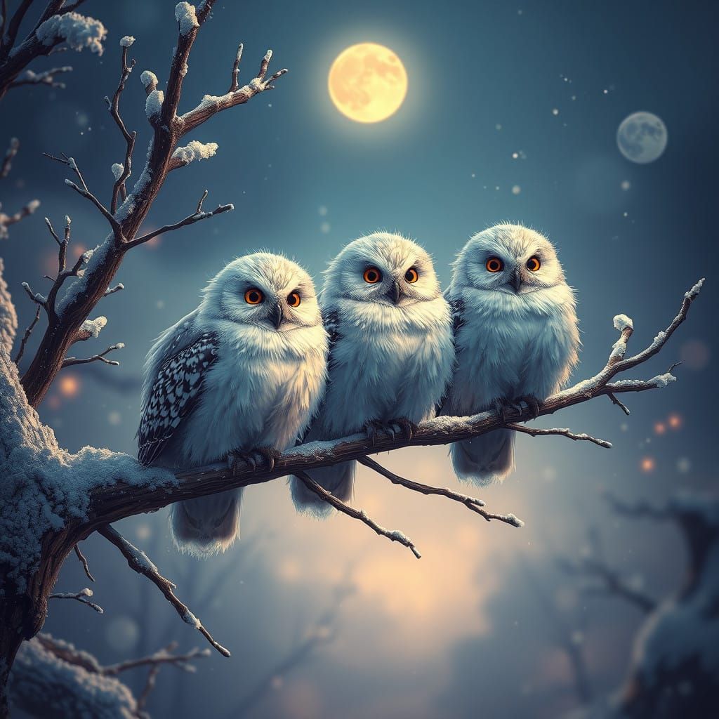Whimsical Winter Scene with Three Fluffy Owls