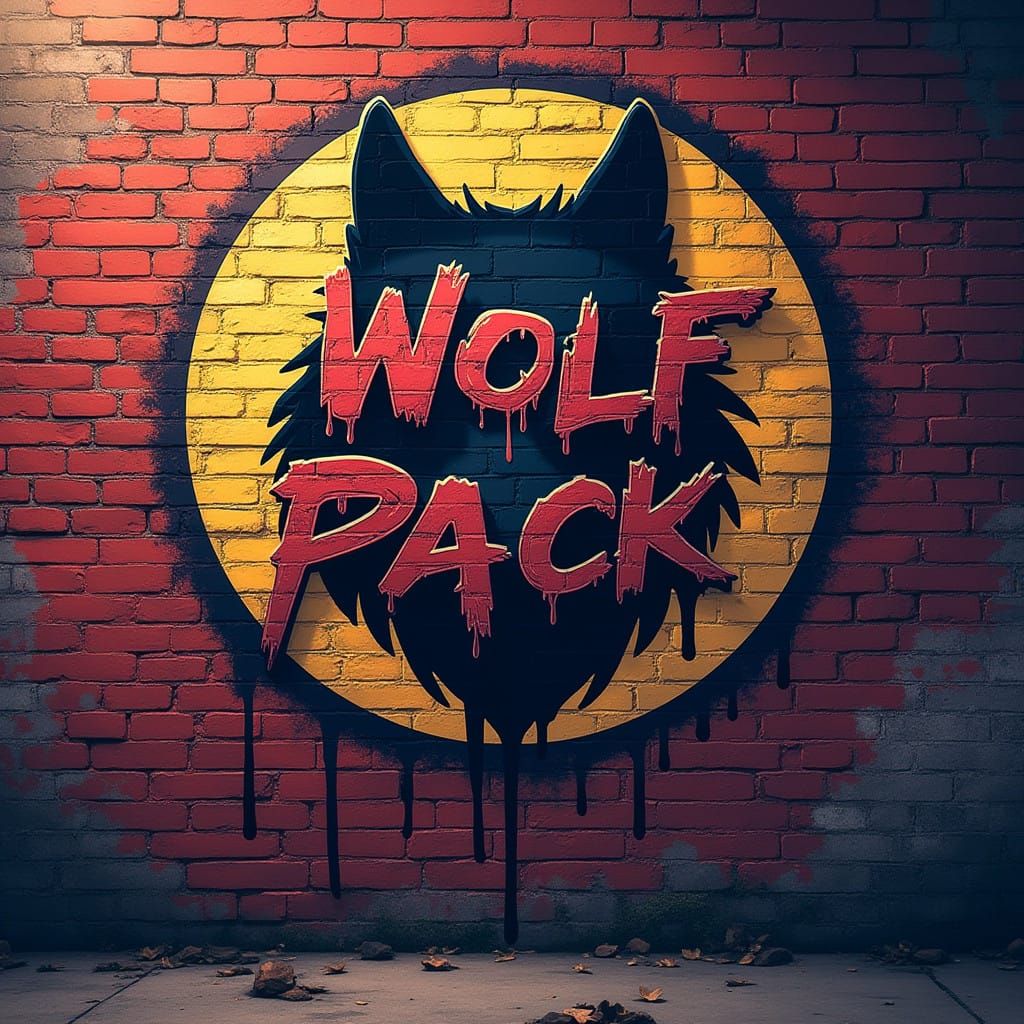 Vibrant Wolf Pack Graffiti on Brick Wall