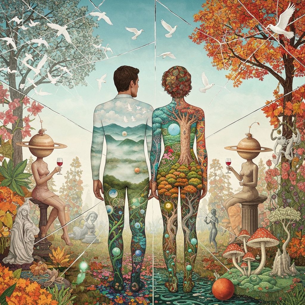 Surreal Garden Party with Birds in Flight