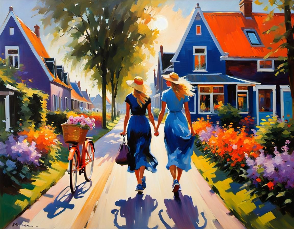 Dutch Girls in Summer Dresses: Impressionist Village Scene