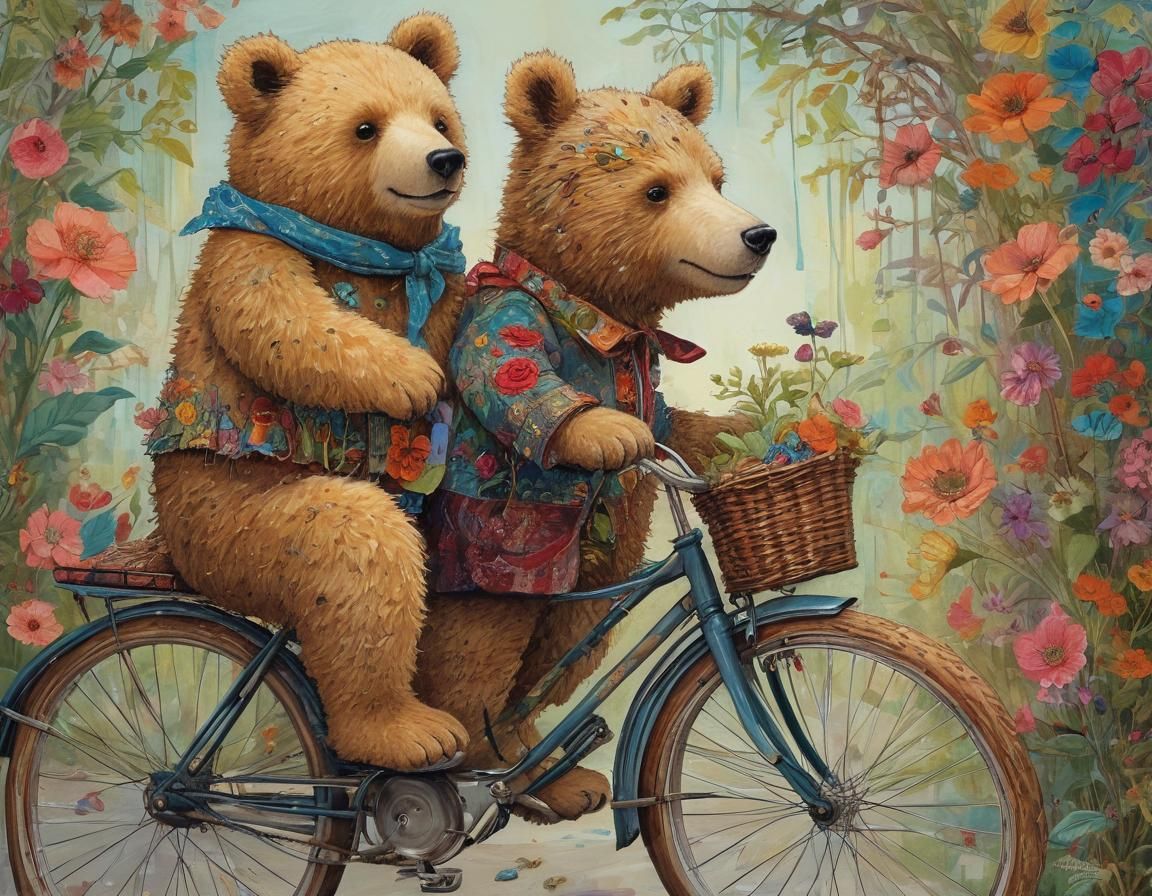 Intricate Storybook Bear Rides a Bike in Vibrant Colors