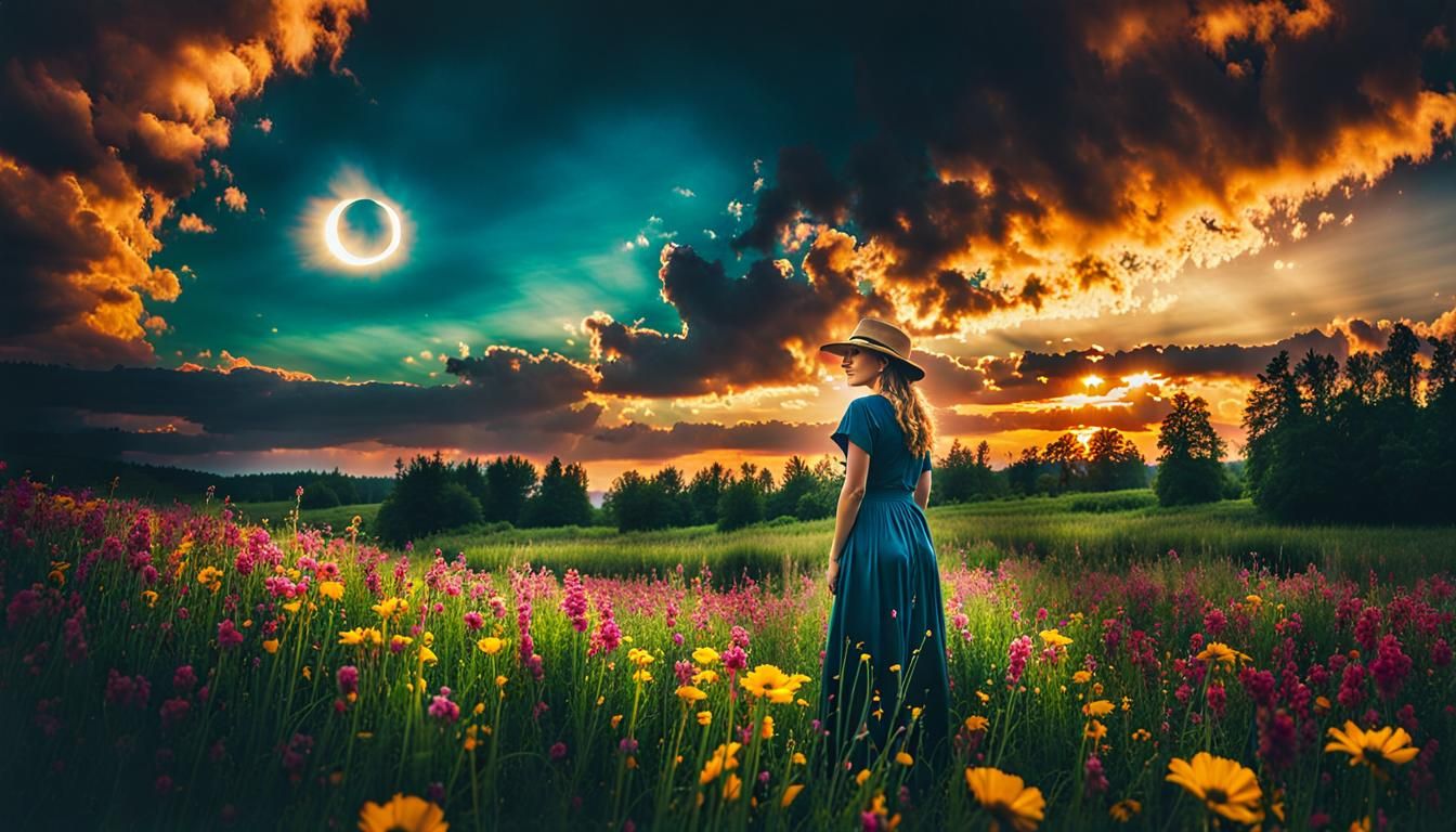 Woman in Meadow Gazing at Solar Eclipse