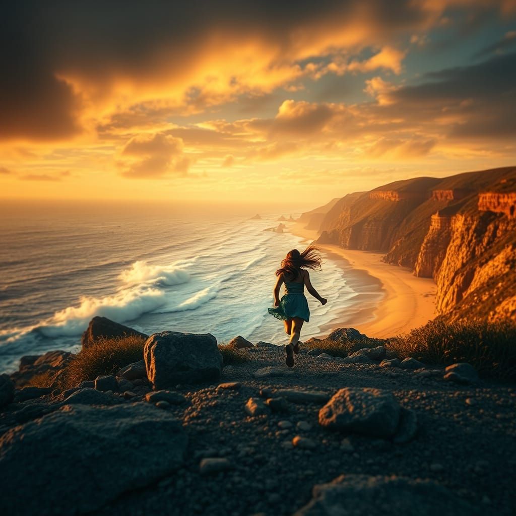 Girl Running on Seaside Landscape in HDR