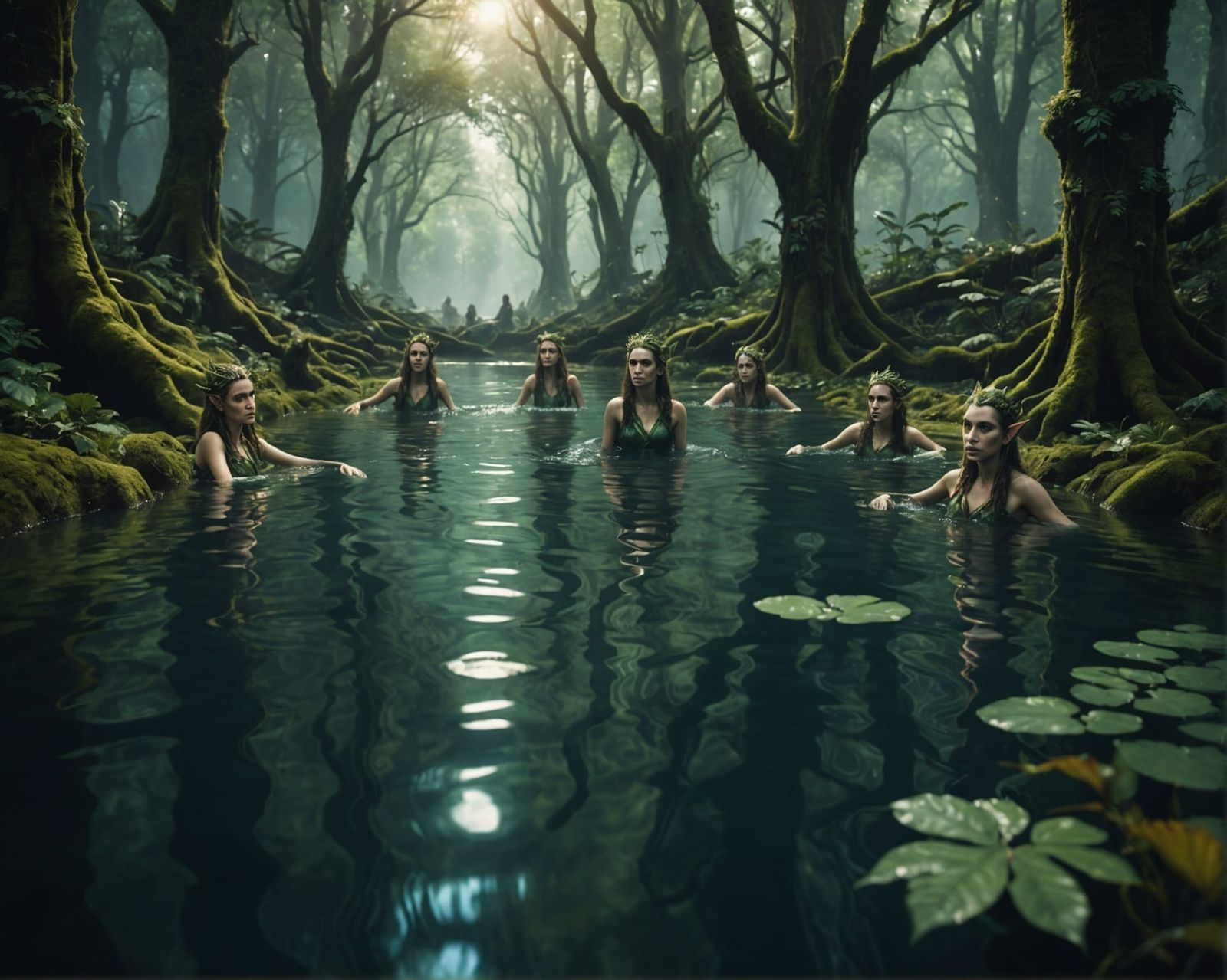 Elves Swimming in Forest Pool: Digital Matte Painting