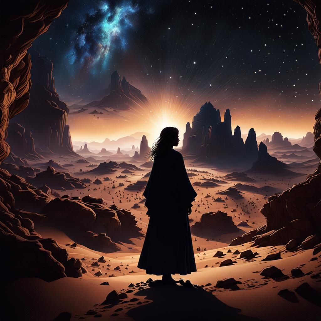 Dramatic Silhouette of Woman in Desert Cave