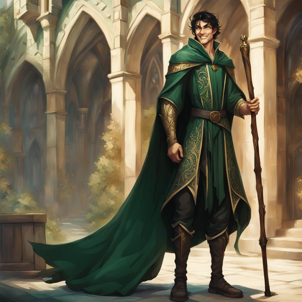 Smiling Elf Mage in a Golden City