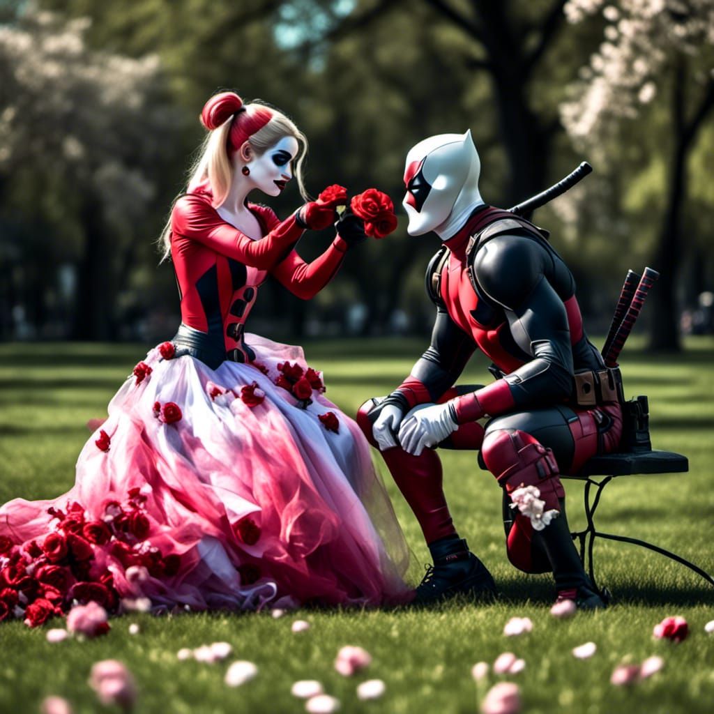 Harley Quinn and Deadpool in Cherry Blossom Park
