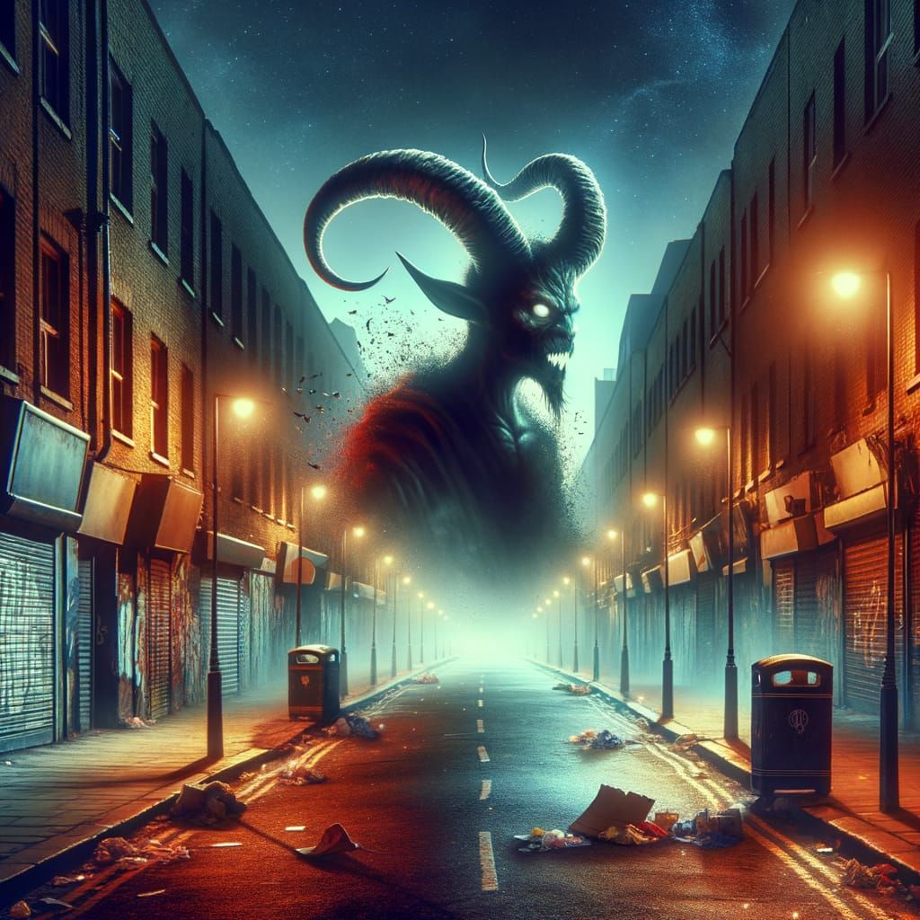 Demonic Figure Appears on City Street at Night
