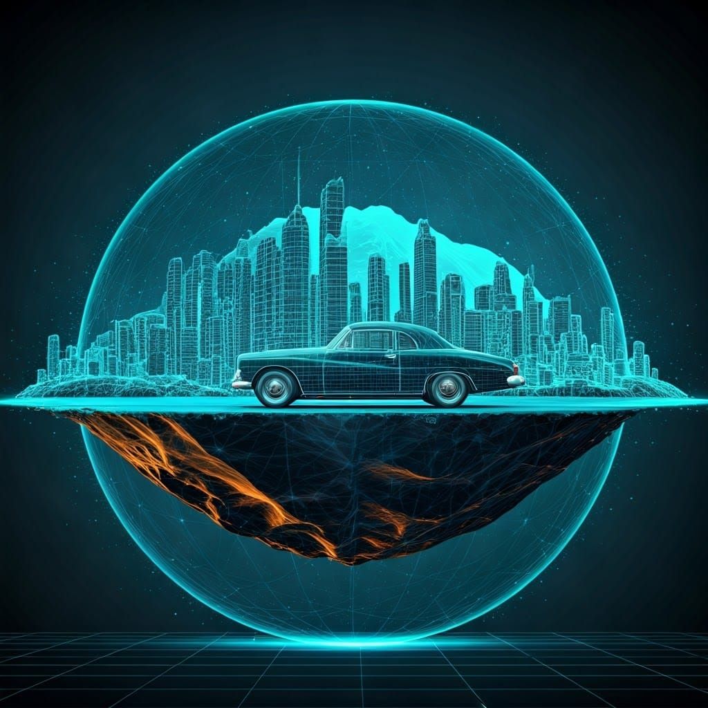 Vintage Car in Cyberpunk Hologram Scene