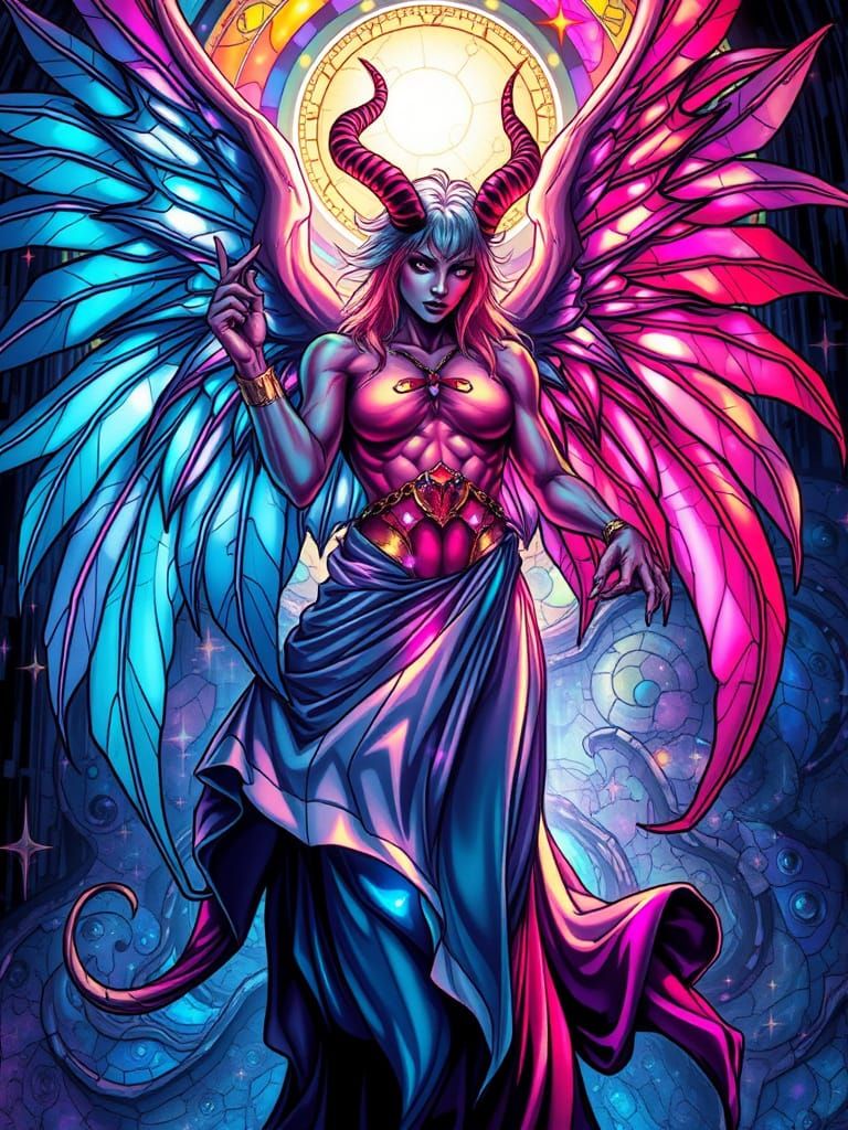 Angel-Demon Hybrid in Cosmic Realm, Stained Glass Style