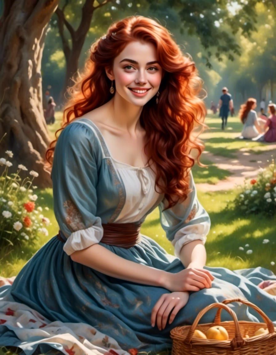 Joyful Auburn-Haired Woman at Picnic in Park