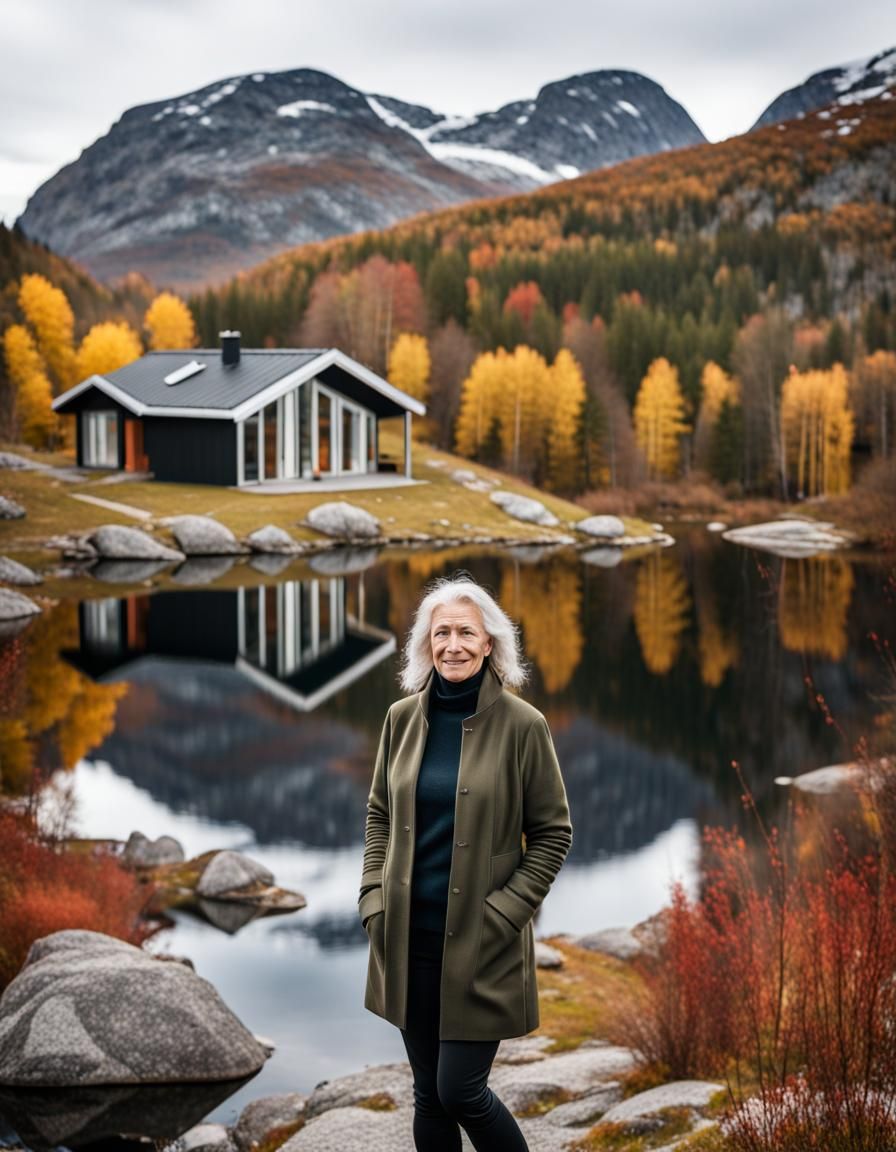 Norwegian Woman in Autumn Mountain Landscape