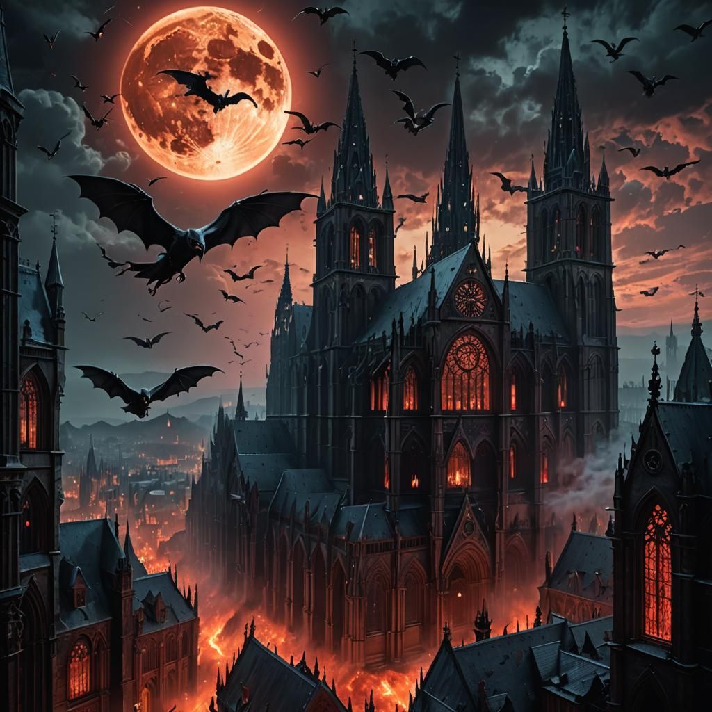 Ghosts Ascend to Blood Moon Over Gothic Cathedral