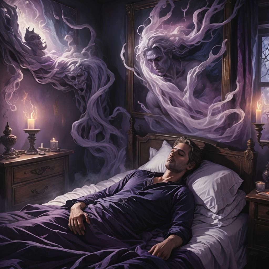 Malevolent Spirits Surround Sleeping Man: Dark Fantasy Art