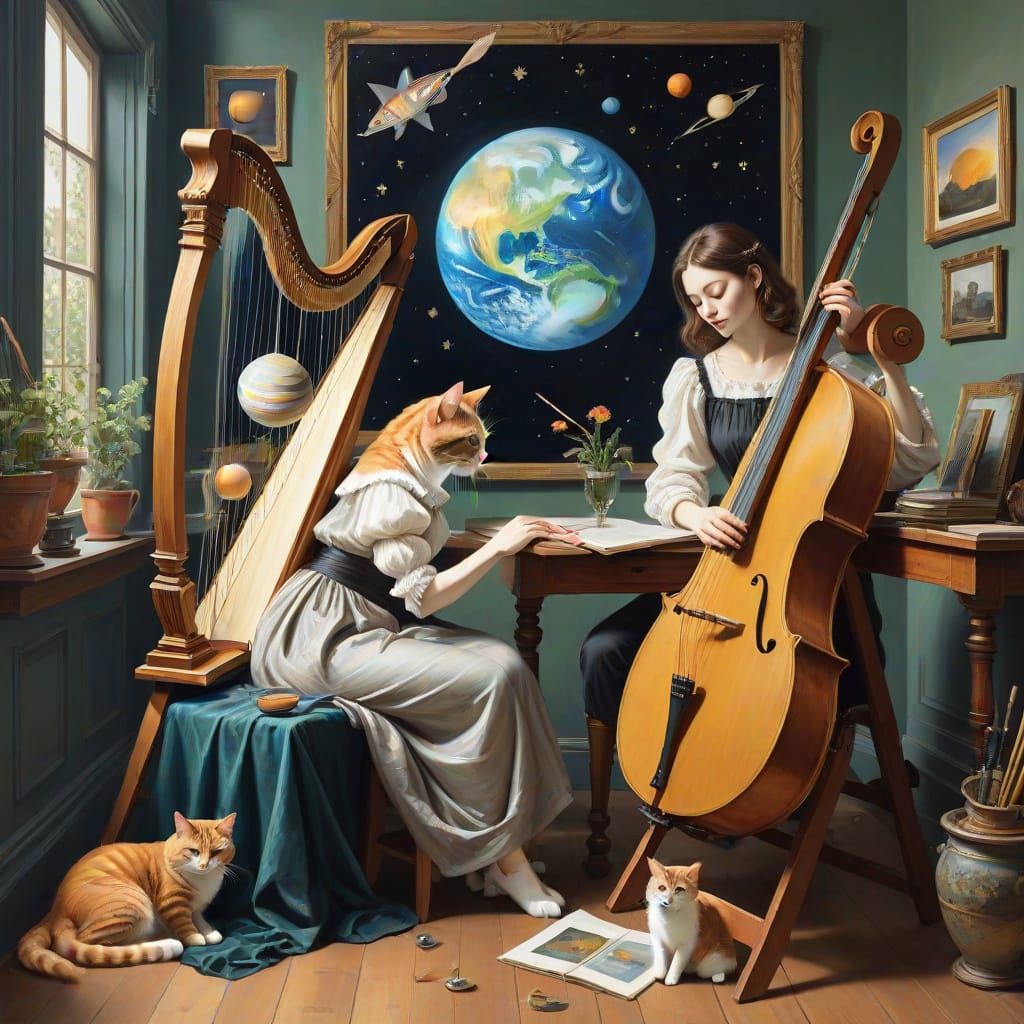 Woman Paints Jupiter with Cat and Harp