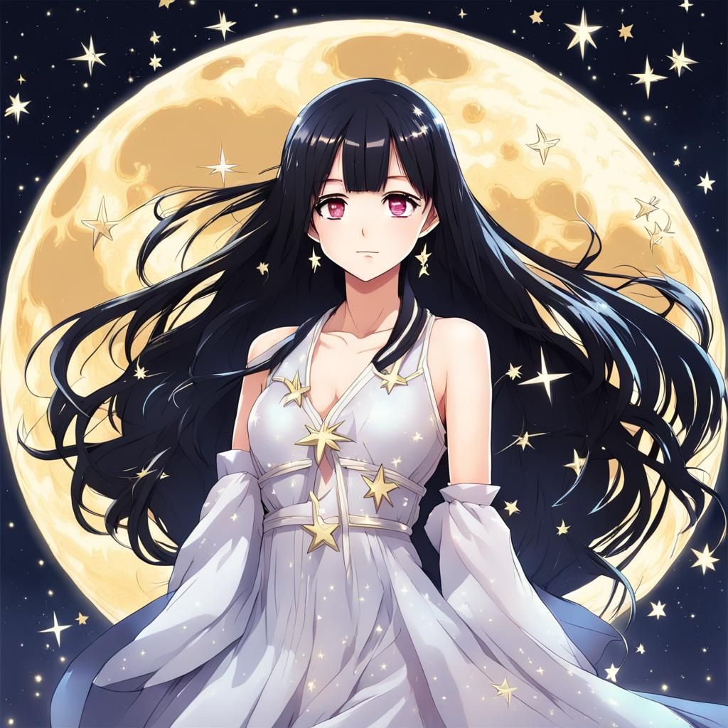 Anime Goddess with Starry Dress and Moon Magic