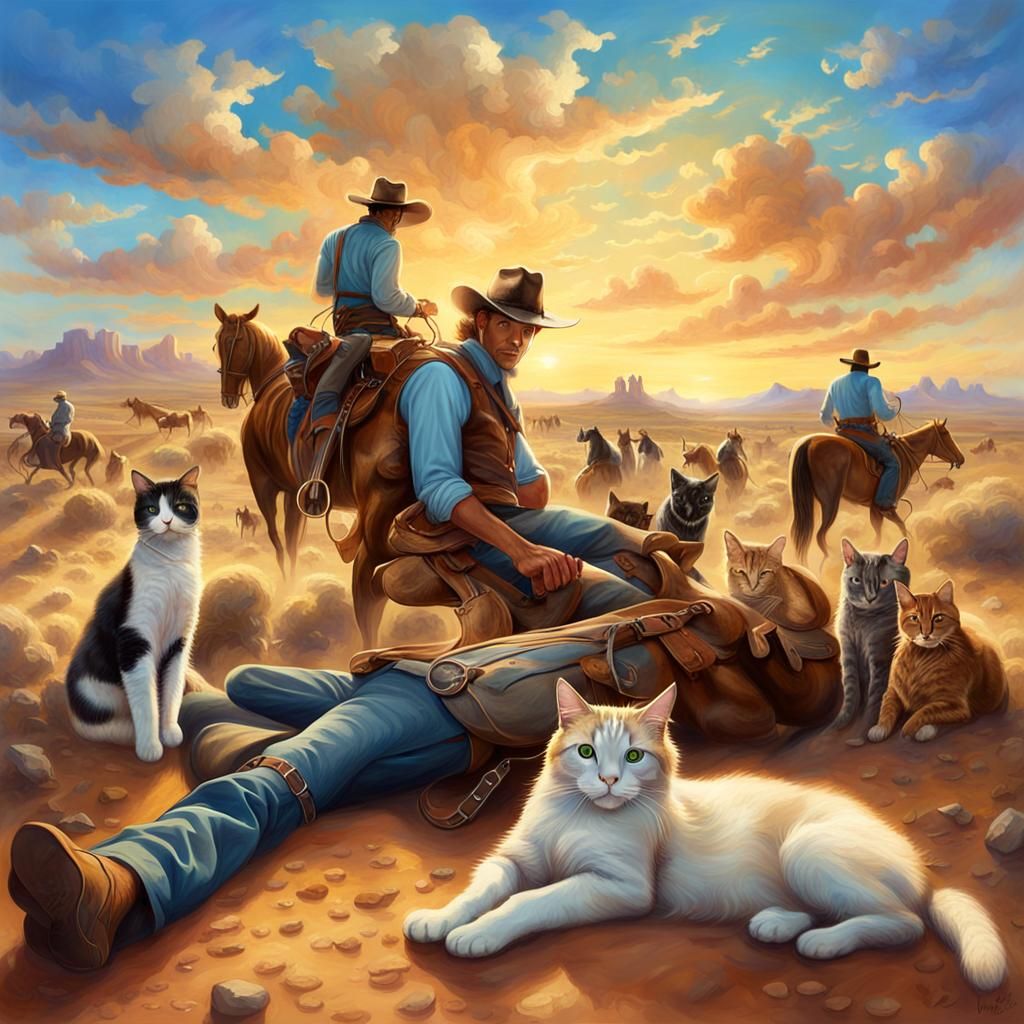 Cowboys Herding Cats in a Desert Landscape