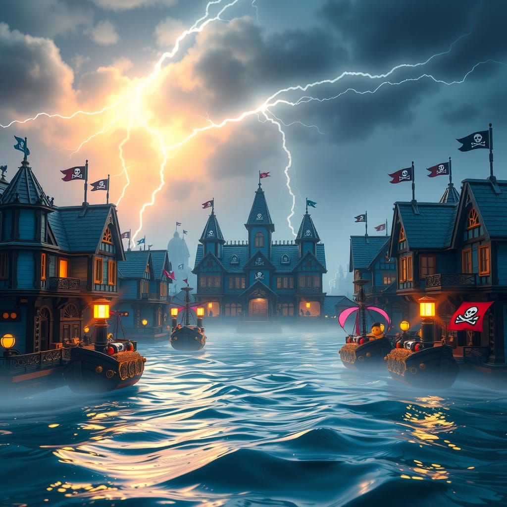 Vibrant Lego Pirate Village in a Dramatic Stormy Bay