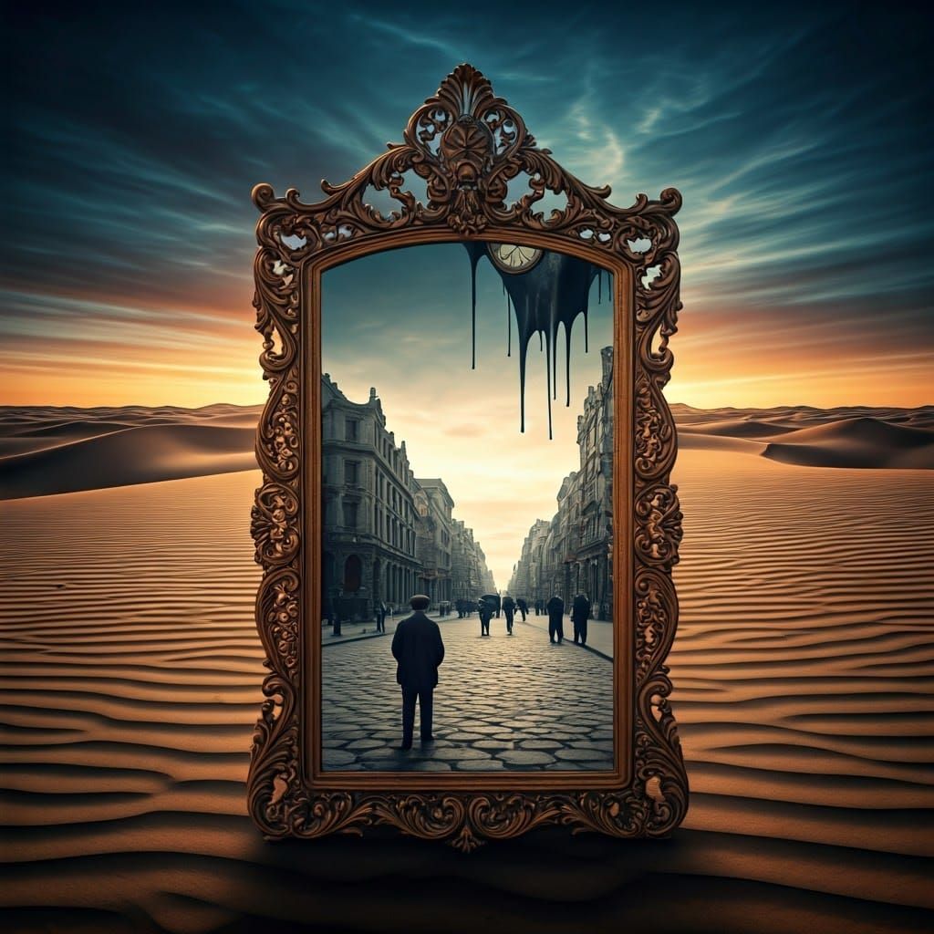 Surreal Desert Mirror Reflects Vintage Cityscape
