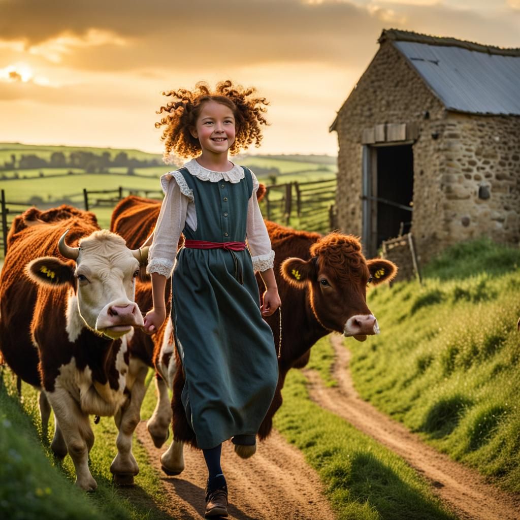 Girl Leads Cow Home in Rural Landscape