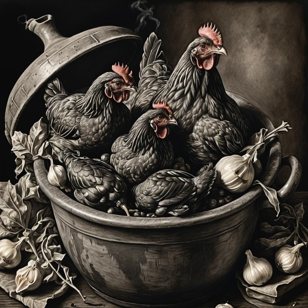 Detailed Charcoal Drawing of Chicken Dish