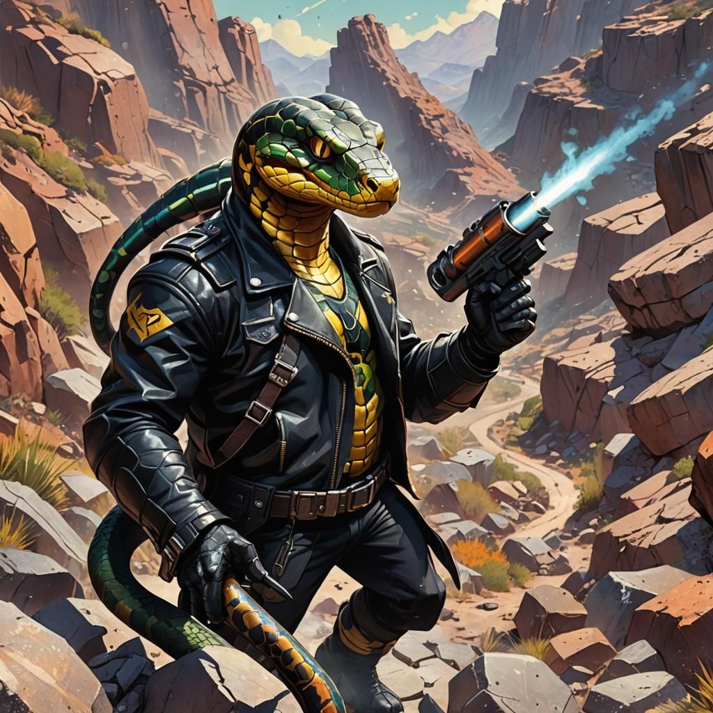 Bazooka Snake on Rocky Terrain in Comic Style