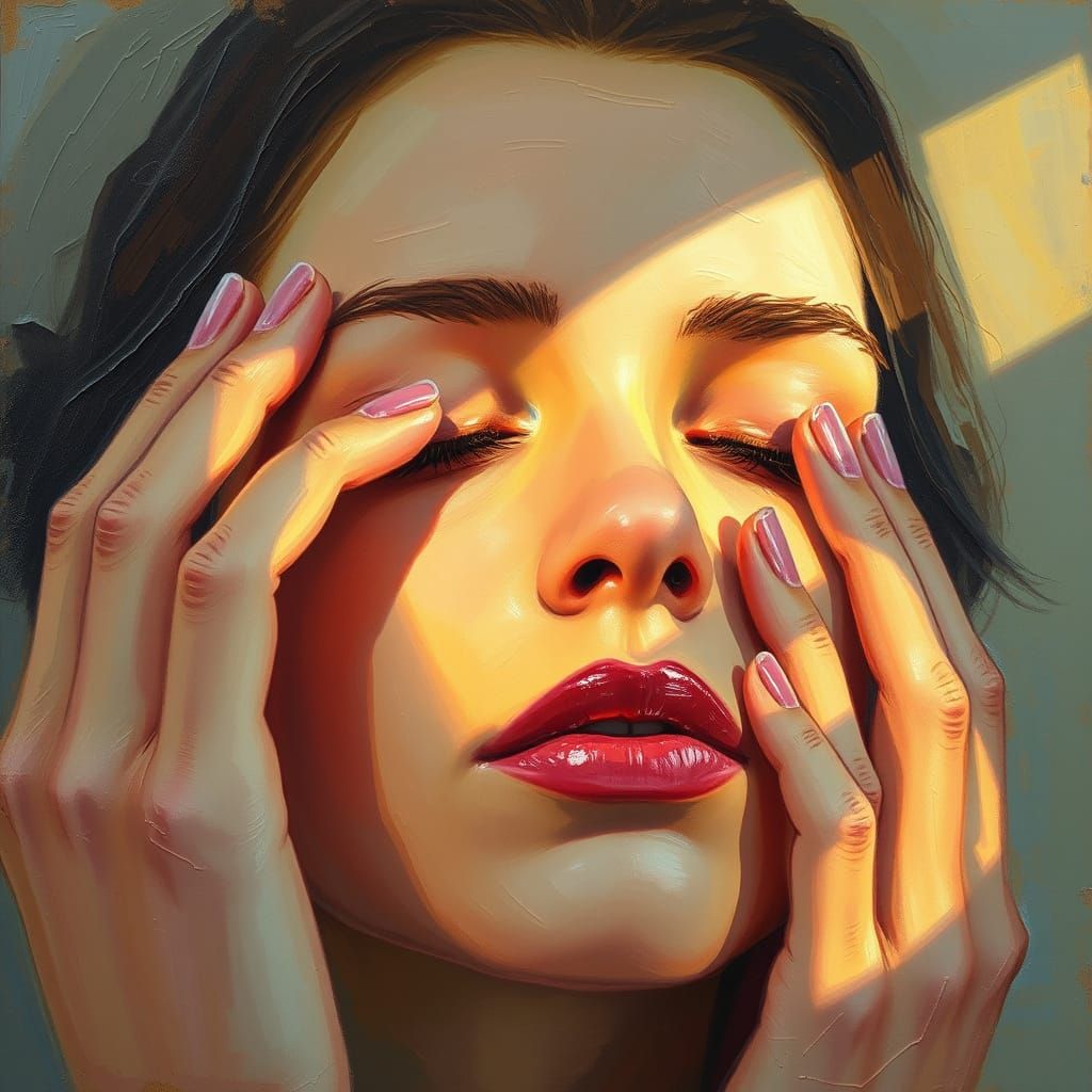 Serene Woman's Face with Gentle Hands in Neo-Impressionist S...