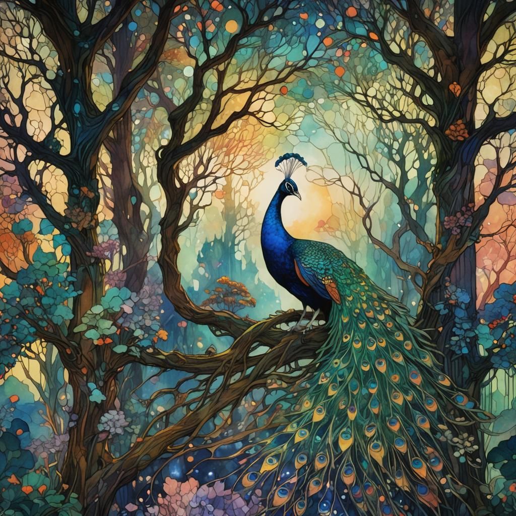 Neon Peacock in Crystal Palace: Art Nouveau Style