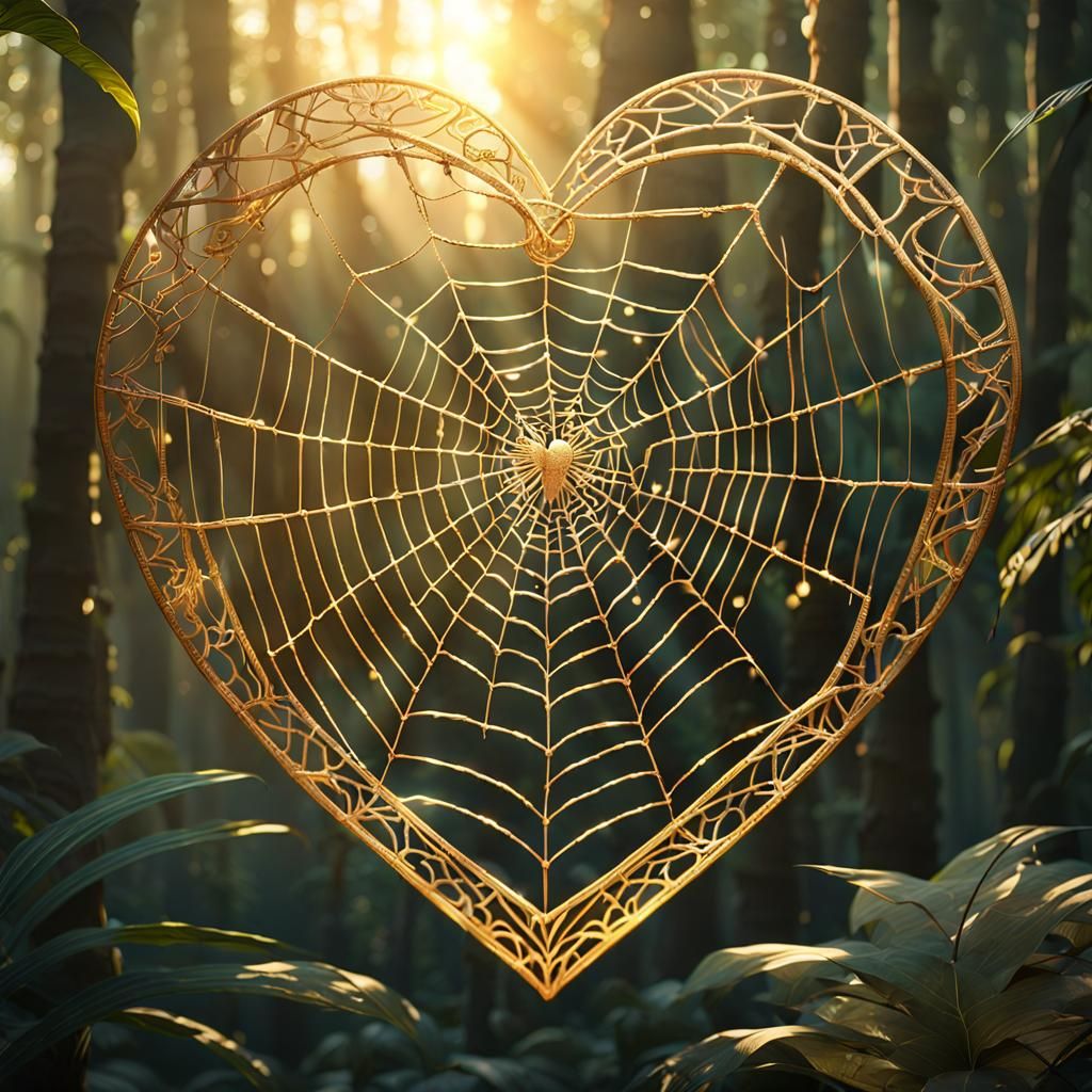Gold Spider Web Heart in Jungle Illustration