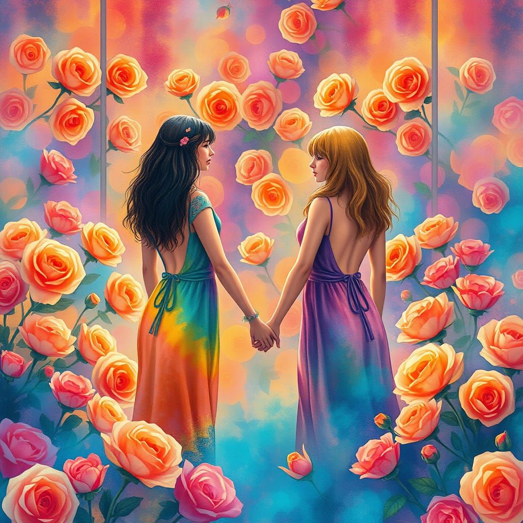 Rainbow Roses Surround Women in Watercolor Style