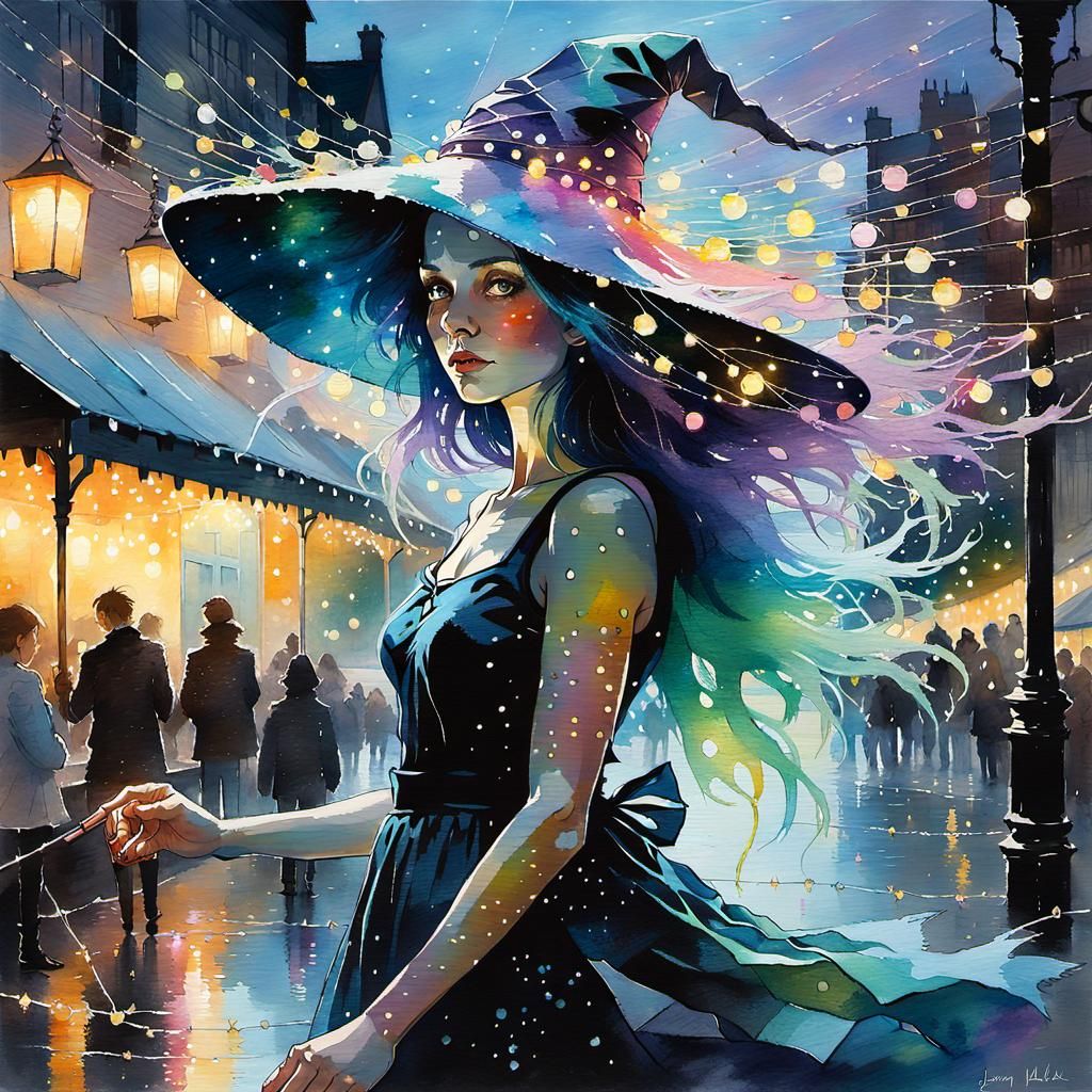 Magical Pastel Witch at Midnight in Watercolor Style