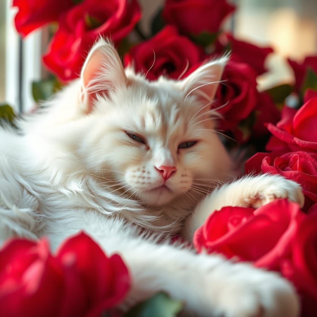 Fluffy cat sleeping on red roses