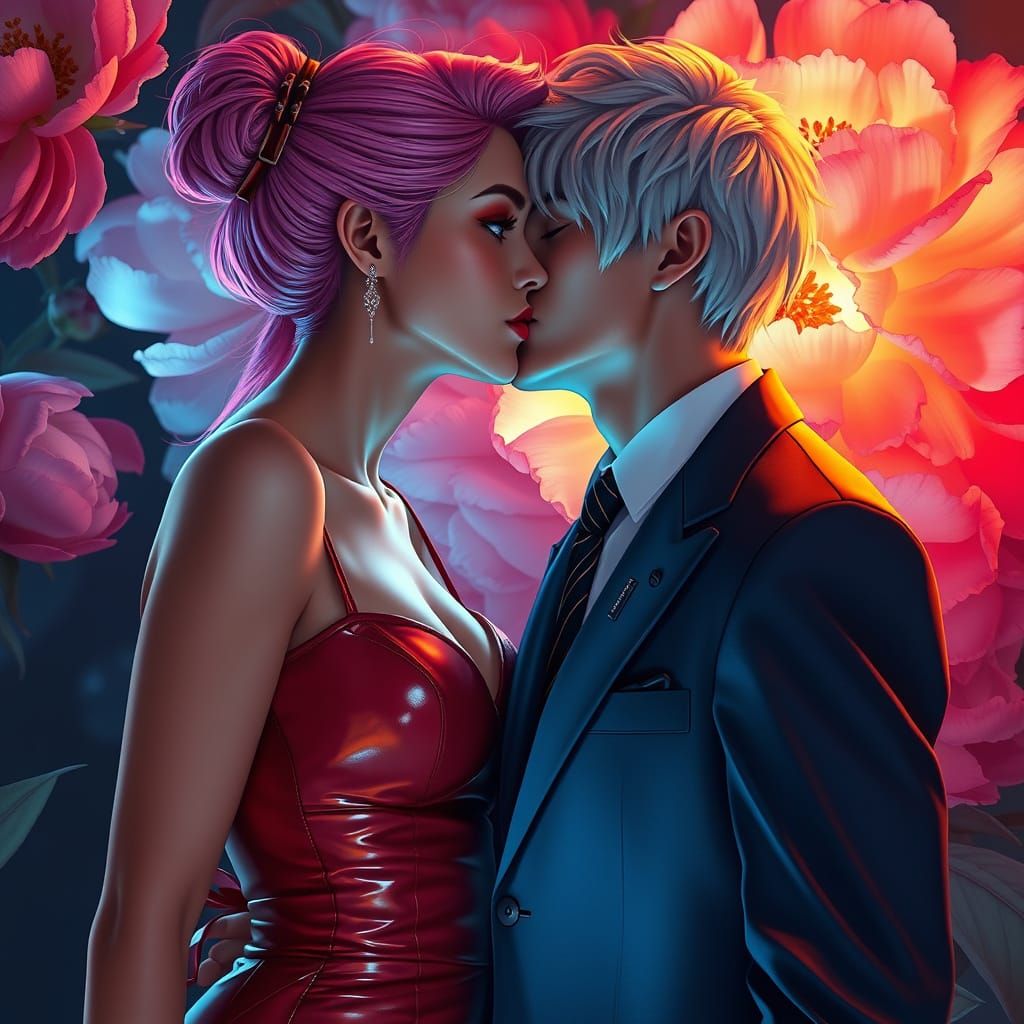 Ethereal Couple Embracing in Vibrant Floral Realm