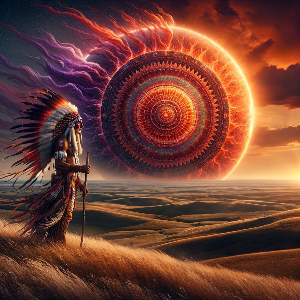 A stoic Indian Brave, adorned with traditional war paint and a feathered headdress, stands proudly atop a windswept hill...