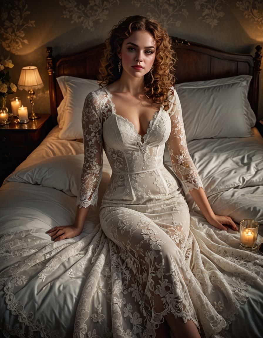 French Woman in Lace Gown by Candlelight