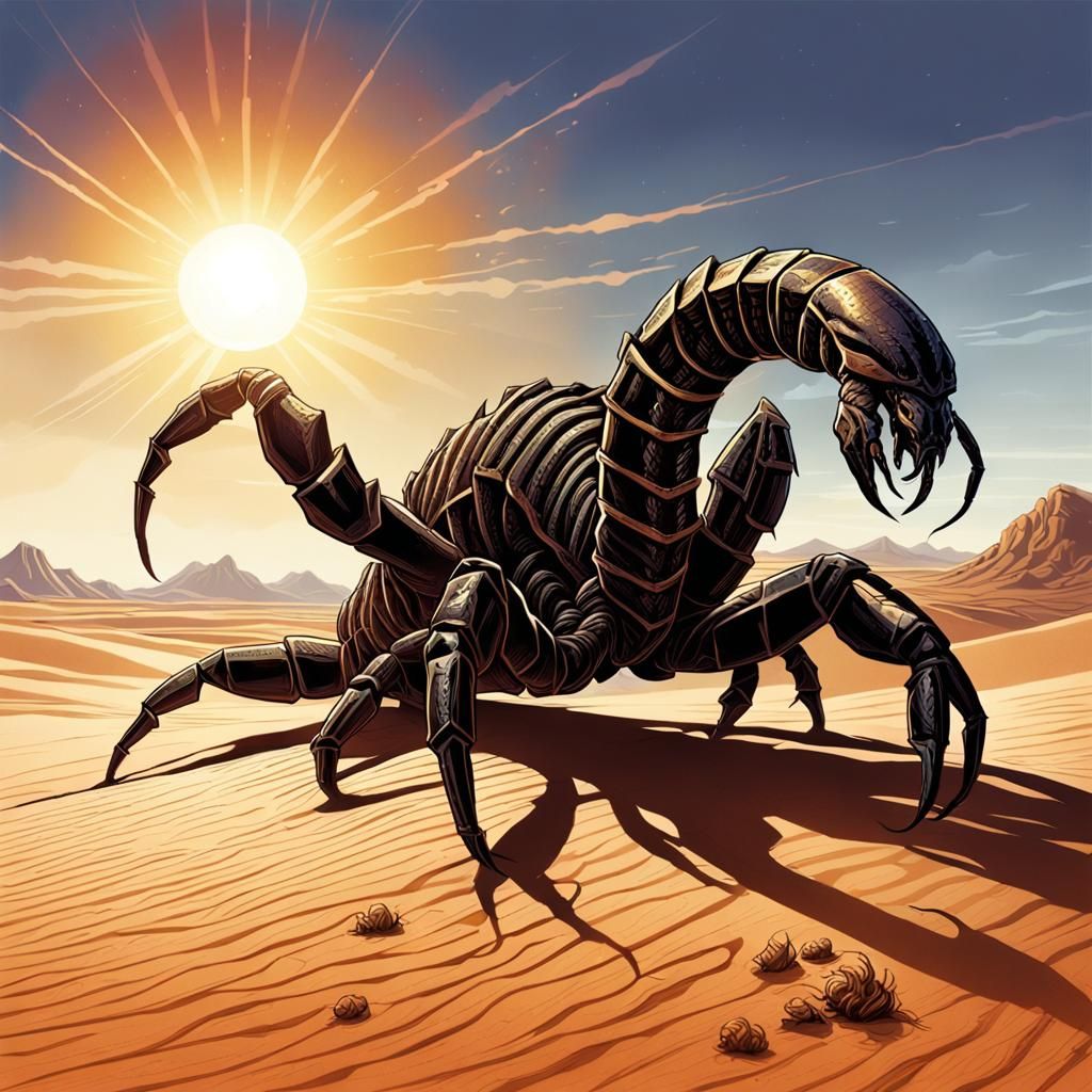 Giant Dark Scorpion in Arid Desert: Comic Book Art