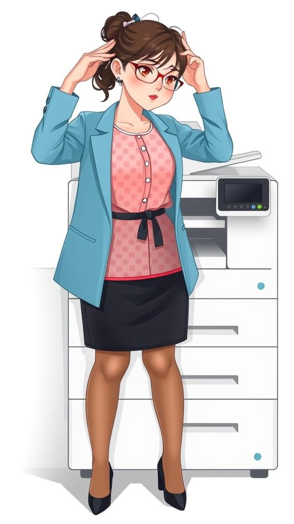 Korean Secretary Frustrated with Printer in Kawaii Style