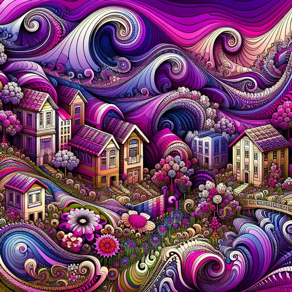 Abstract Fractal Village in Purple and Pink with Zentangle