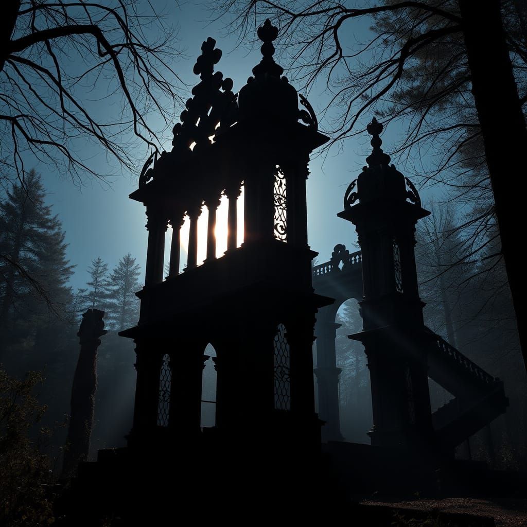 Mystical Forest Ruins Silhouetted by Moonlight