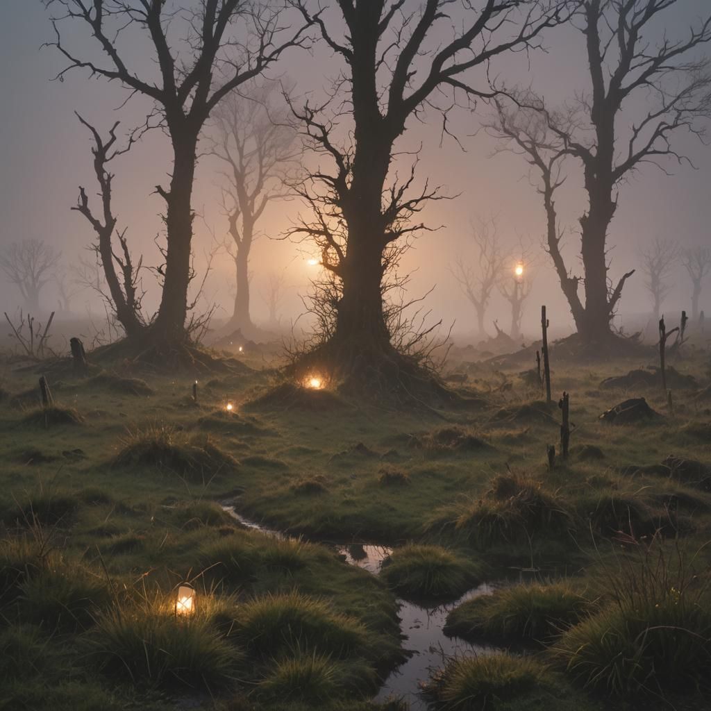 Eerie Summoning Ritual on Misty Moor at Dusk