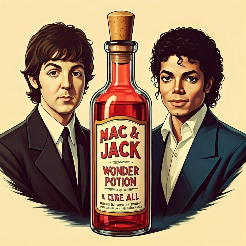 A vintage ad for “Mac & Jack Wonder Potion & Cure All,” with a prominent focus on the bottle from the 1983 “Say Say Say”...