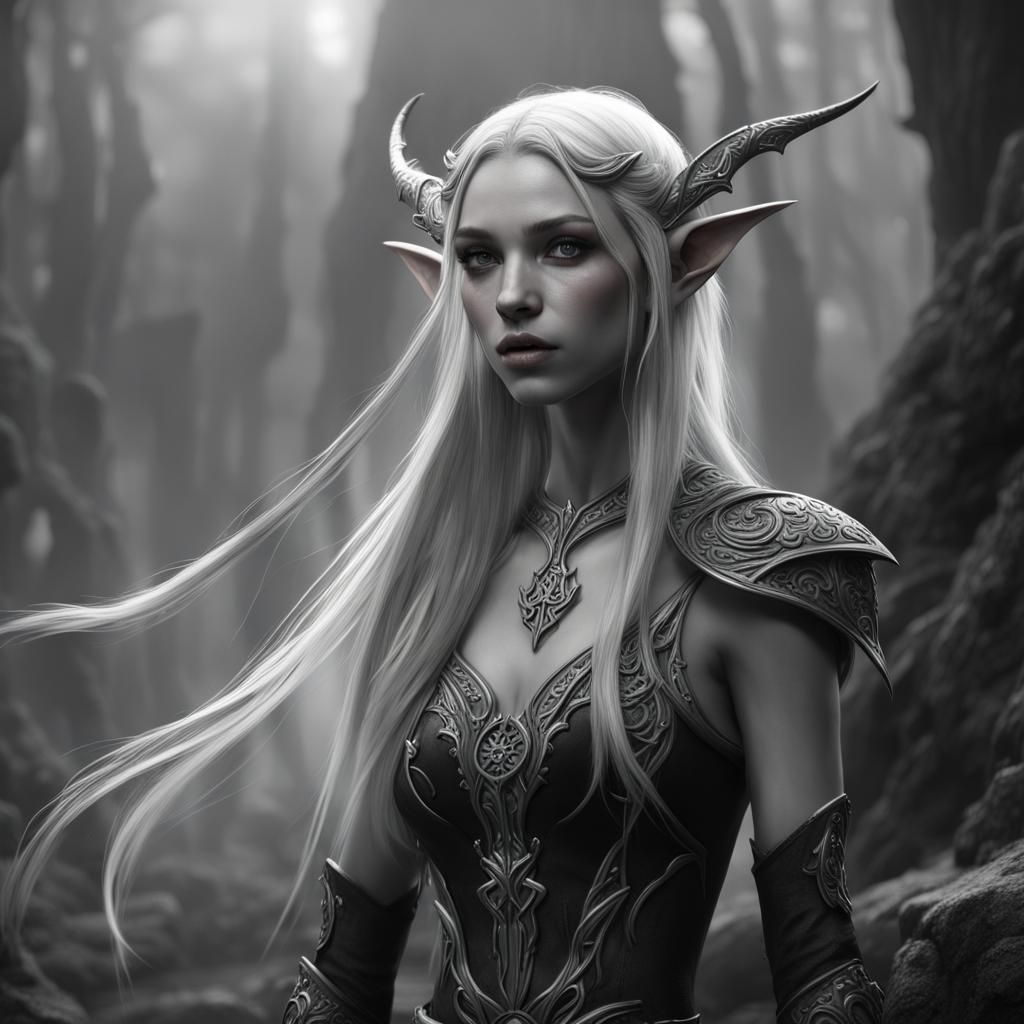 Black and White Pixie Elf in Dark Fantasy